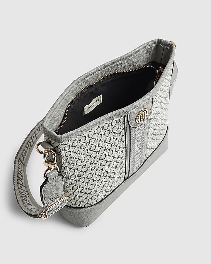 river island Grey Monogram Webbed Front Bucket Bag