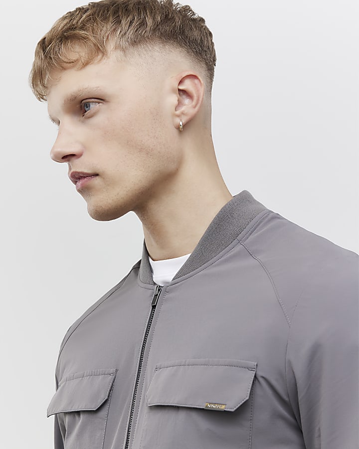 River Island Grey Muscle Fit Bomber Jacket