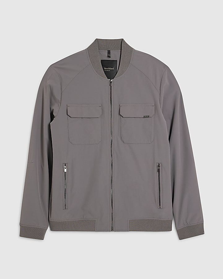 river island Grey Muscle Fit Bomber Jacket
