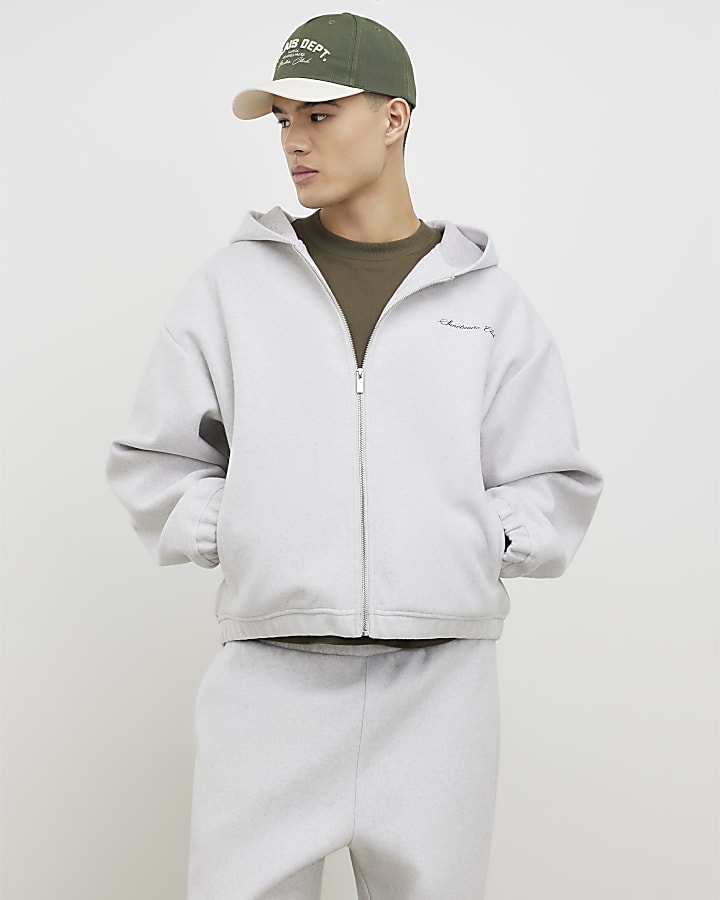 River Island Grey Oversized Fit Zip Through Hoodie