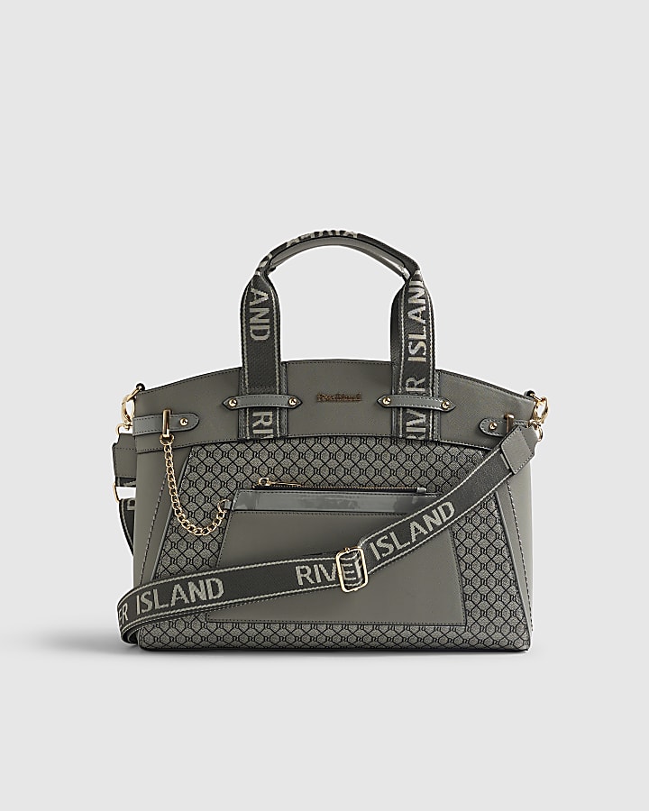 River Island Grey Panelled RI Handle Tote Bag