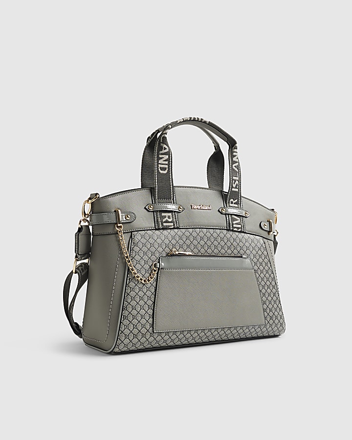 River Island Grey Panelled RI Handle Tote Bag
