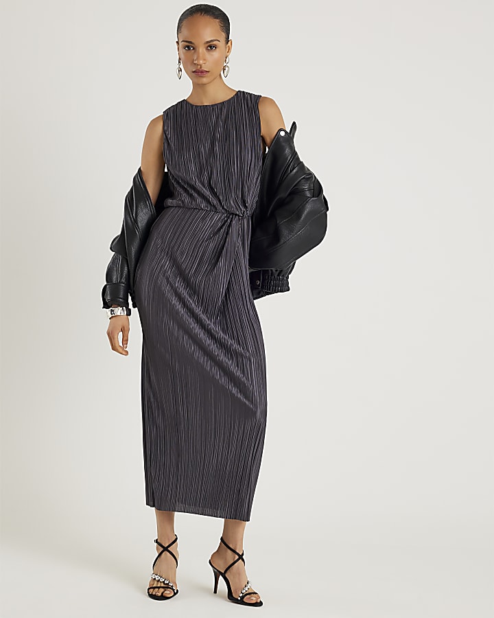 River Island Grey Plisse Knot Side Midi Dress