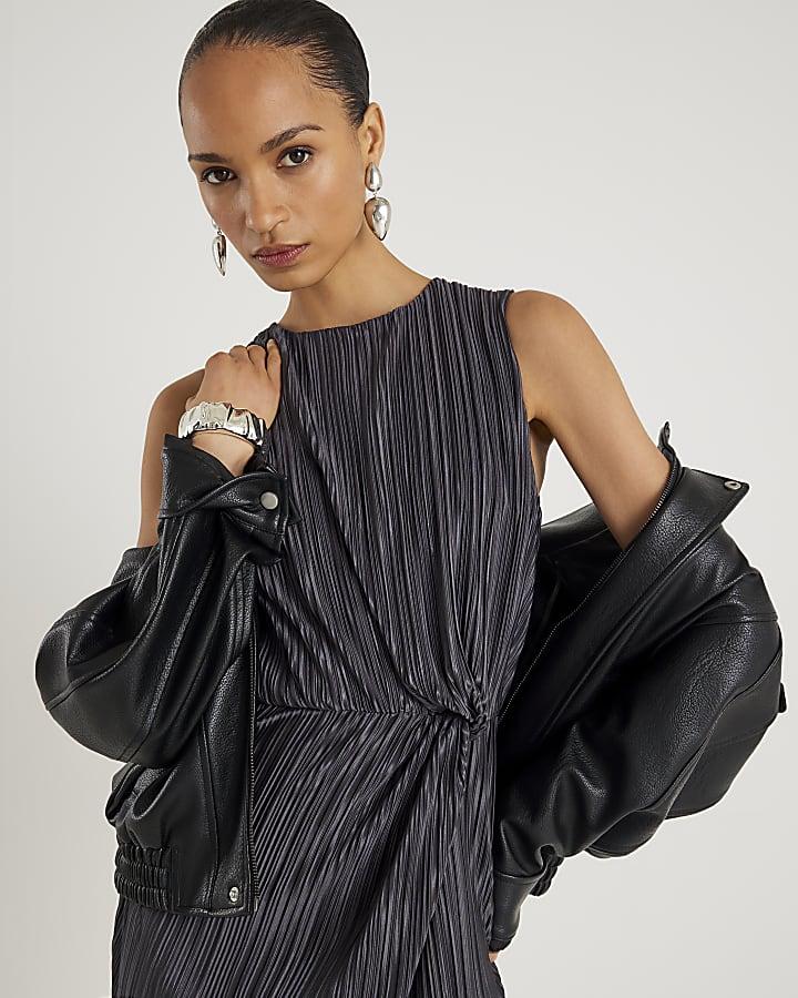 River Island Grey Plisse Knot Side Midi Dress