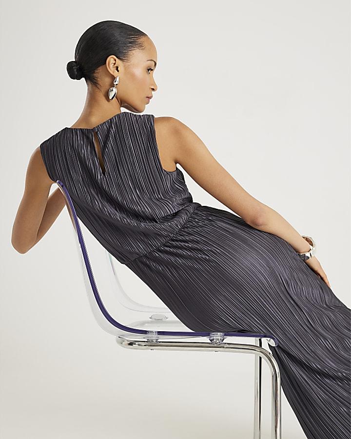 River Island Grey Plisse Knot Side Midi Dress