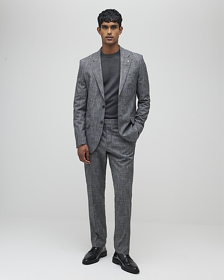 River Island Grey Regular Fit Check Suit Jacket