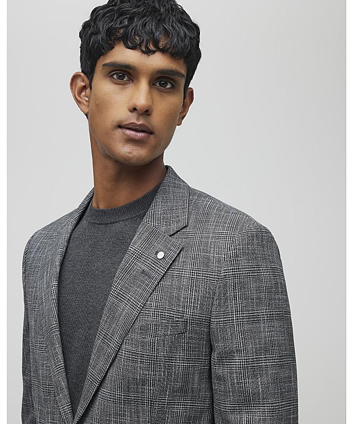 River Island Grey Regular Fit Check Suit Jacket