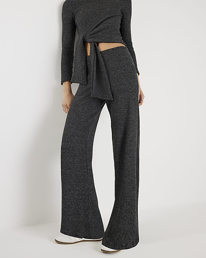 River Island Grey Ribbed Cosy Wide Leg Trousers
