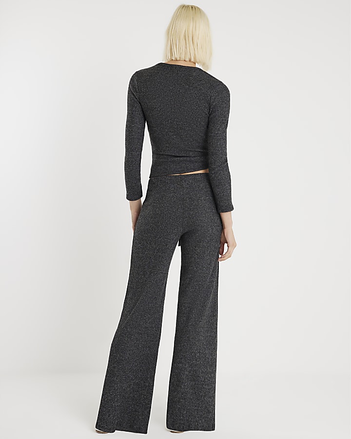 River Island Grey Ribbed Cosy Wide Leg Trousers