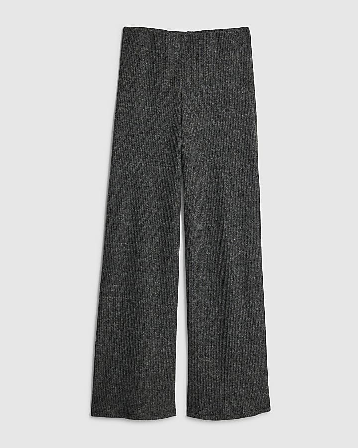 river island Grey Ribbed Cosy Wide Leg Trousers