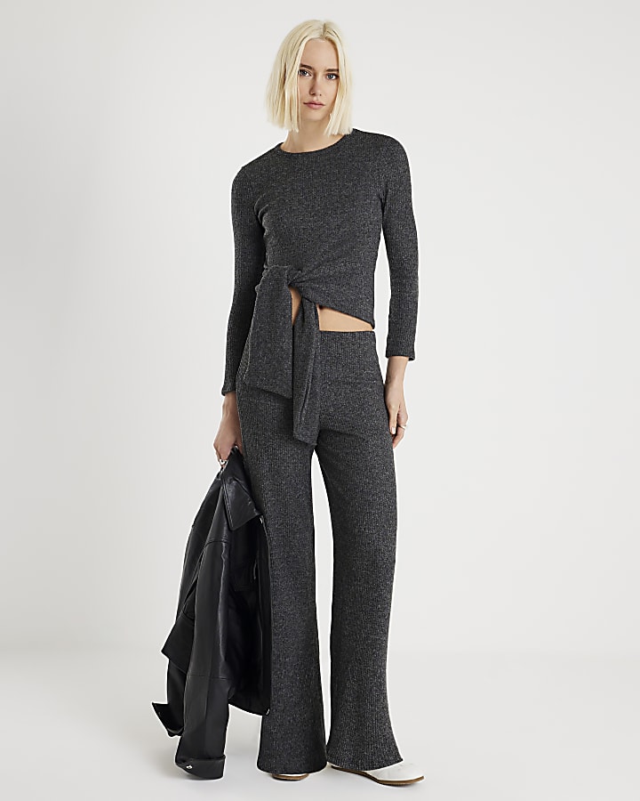 River Island Grey Ribbed Knot Hem Cosy Top