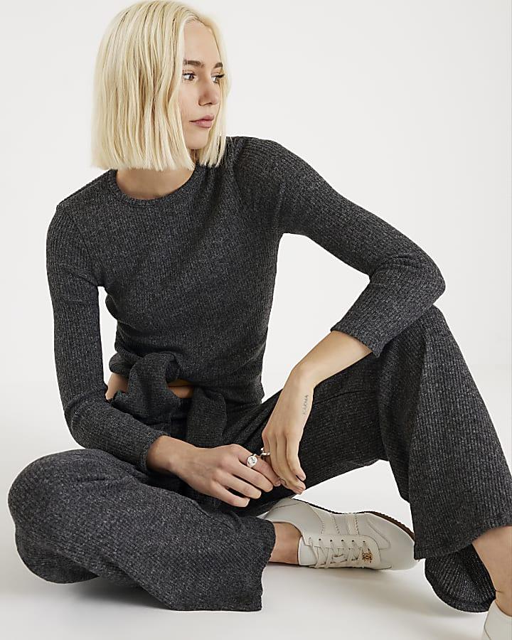 River Island Grey Ribbed Knot Hem Cosy Top