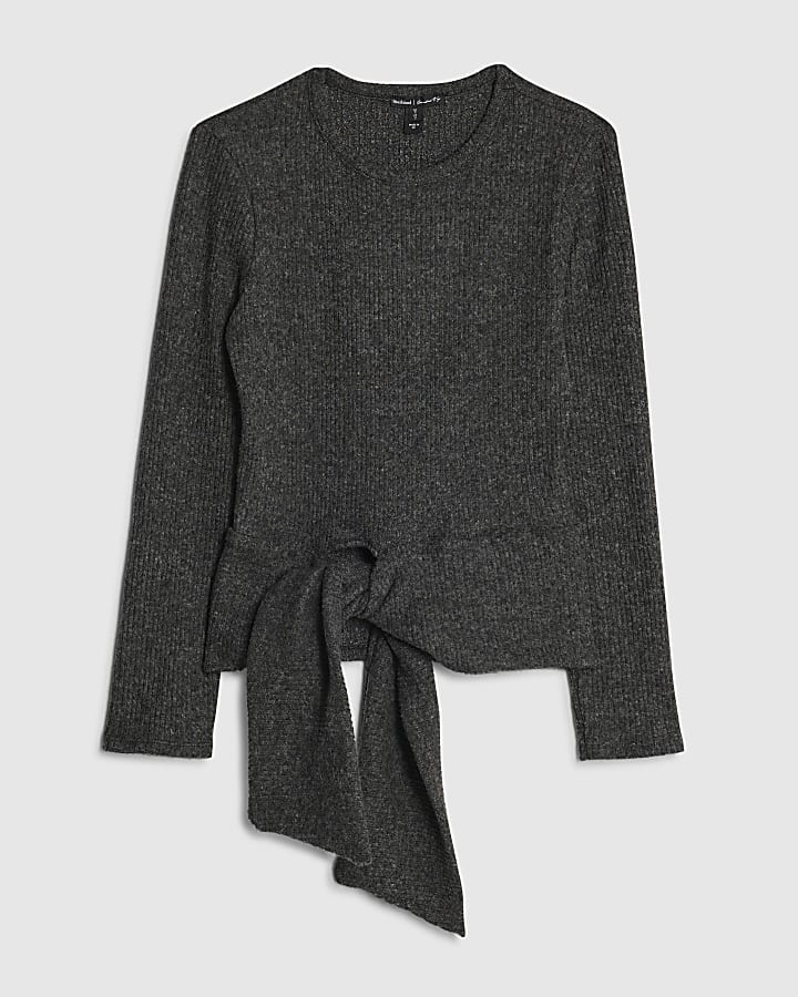 river island Grey Ribbed Knot Hem Cosy Top