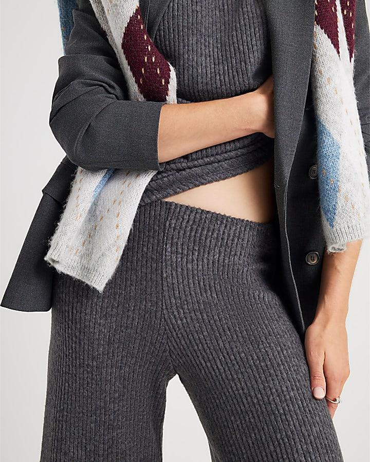 River Island Grey Ribbed Wide Leg Trousers