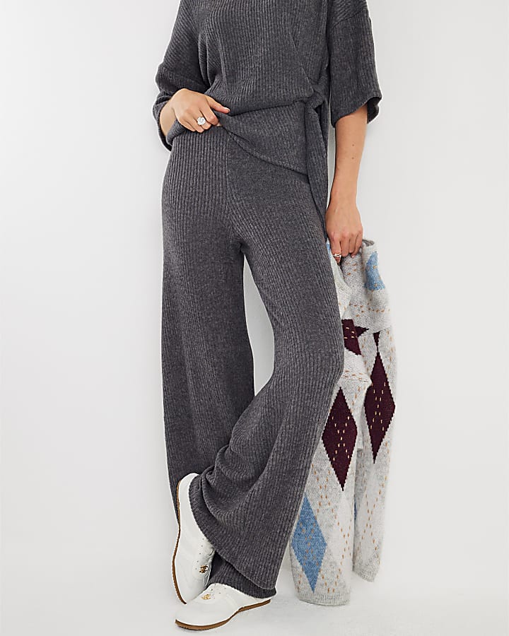 River Island Grey Ribbed Wide Leg Trousers