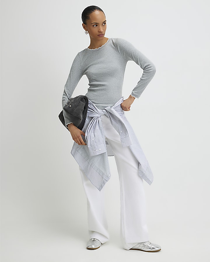 River Island Grey Scallop Trim Long Sleeve T-Shirt