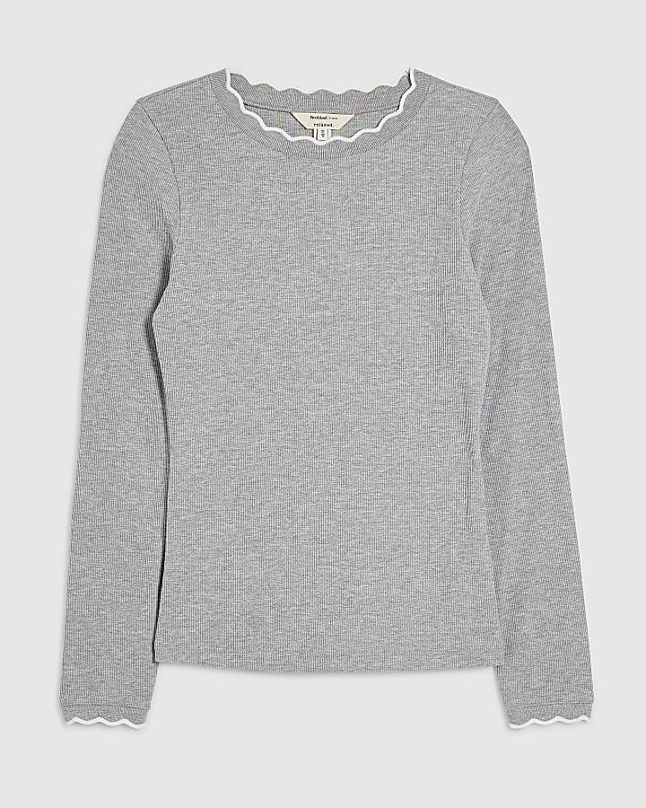 river island Grey Scallop Trim Long Sleeve T-Shirt