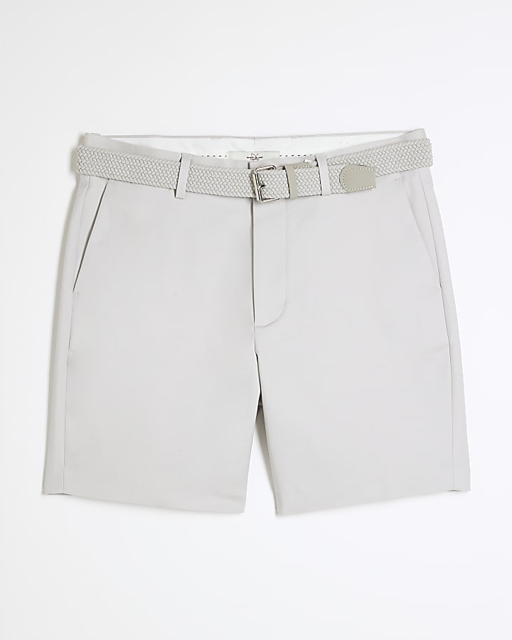 river island Grey Slim Fit Belted Chino Shorts