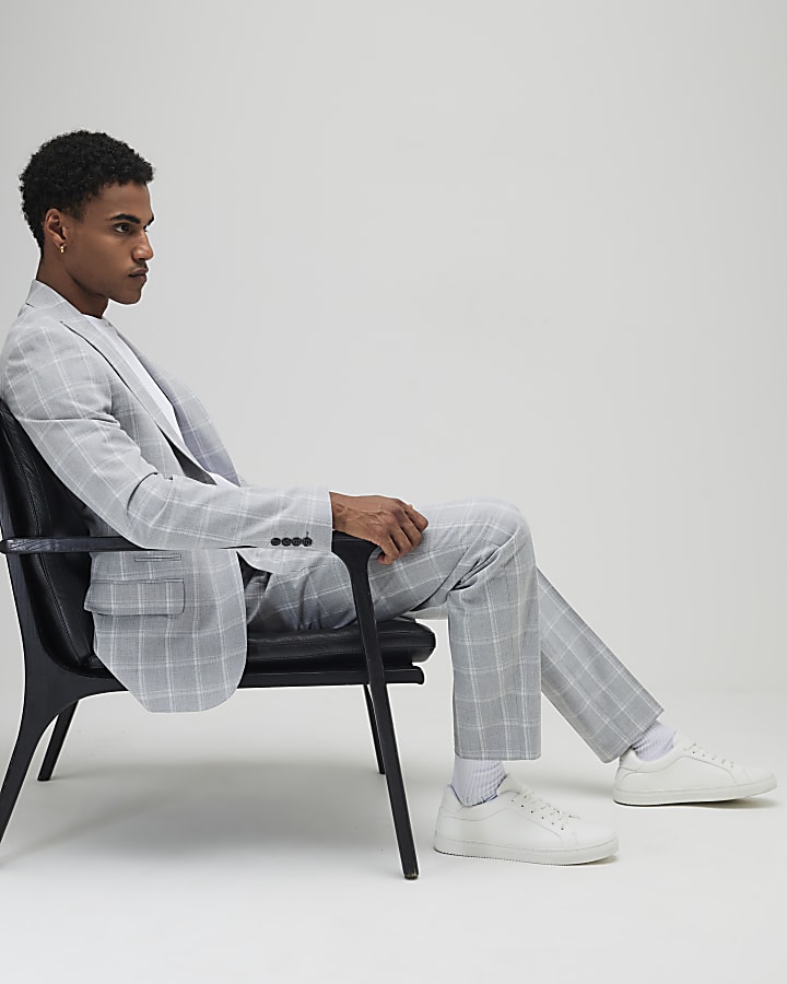 River Island Grey Slim Fit Check Suit Trousers