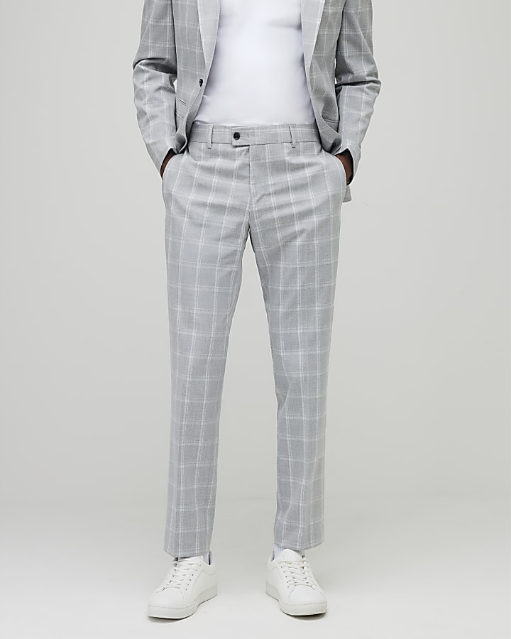 River Island Grey Slim Fit Check Suit Trousers