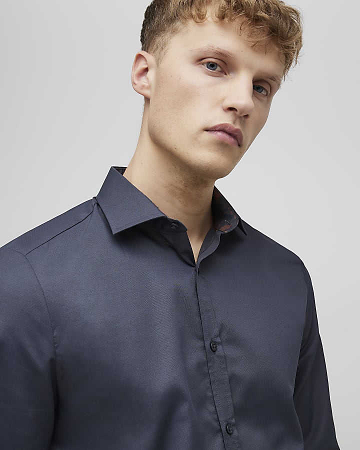 River Island Grey Slim Fit Floral Trim Shirt