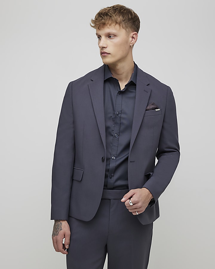 River Island Grey Slim Fit Floral Trim Shirt