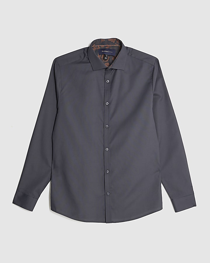river island Grey Slim Fit Floral Trim Shirt