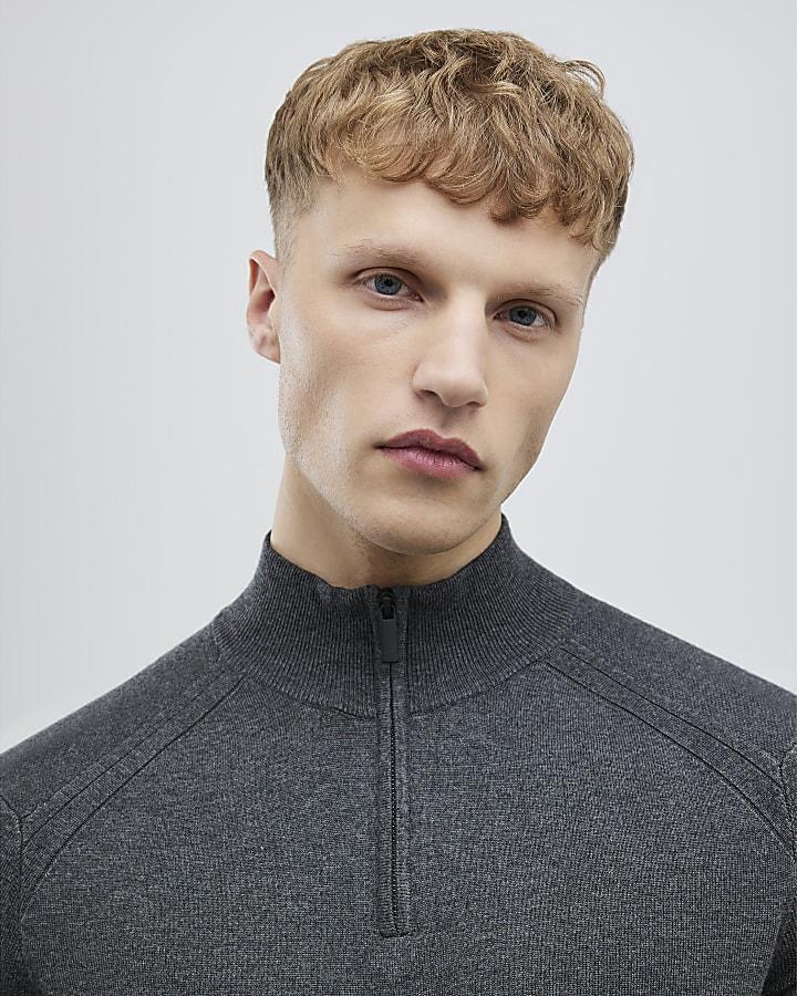 River Island Grey Slim Fit Half Zip Jumper