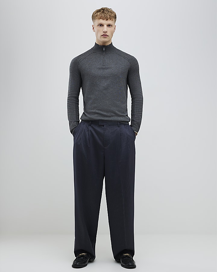 River Island Grey Slim Fit Half Zip Jumper