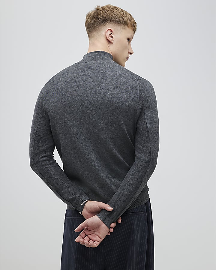River Island Grey Slim Fit Half Zip Jumper