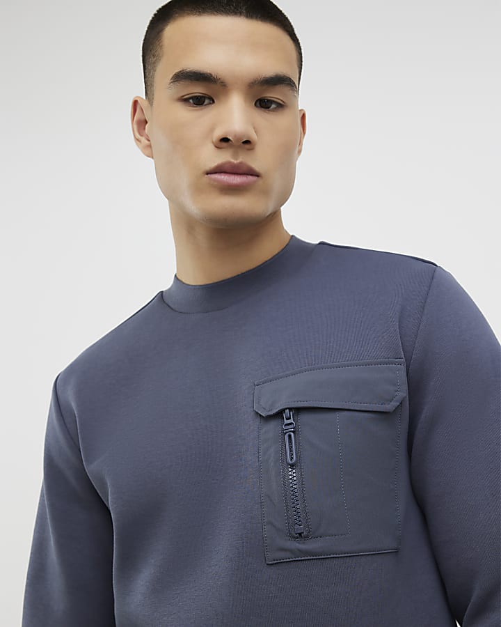 River Island Grey Slim Fit Nylon Pocket Sweatshirt