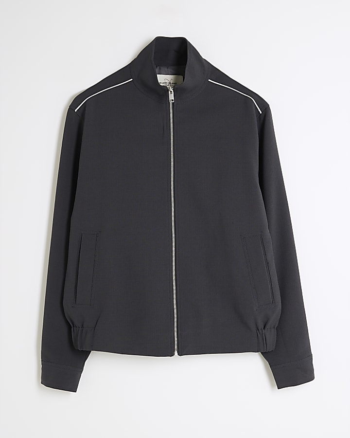 river island Grey Slim Fit Striped Funnel Jacket