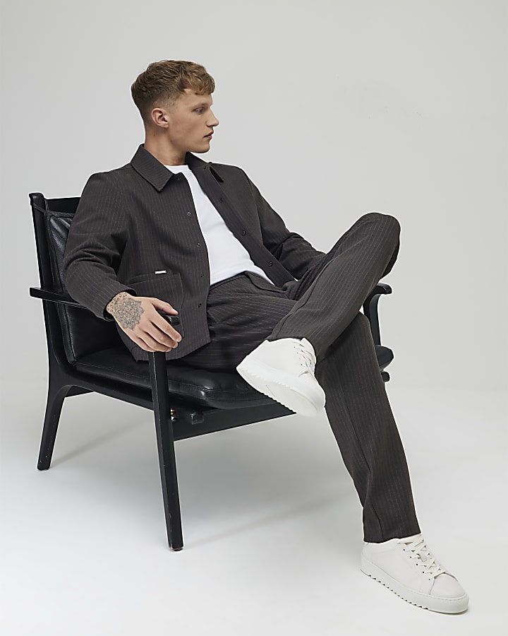 River Island Grey Slim Fit Striped Smart Trousers