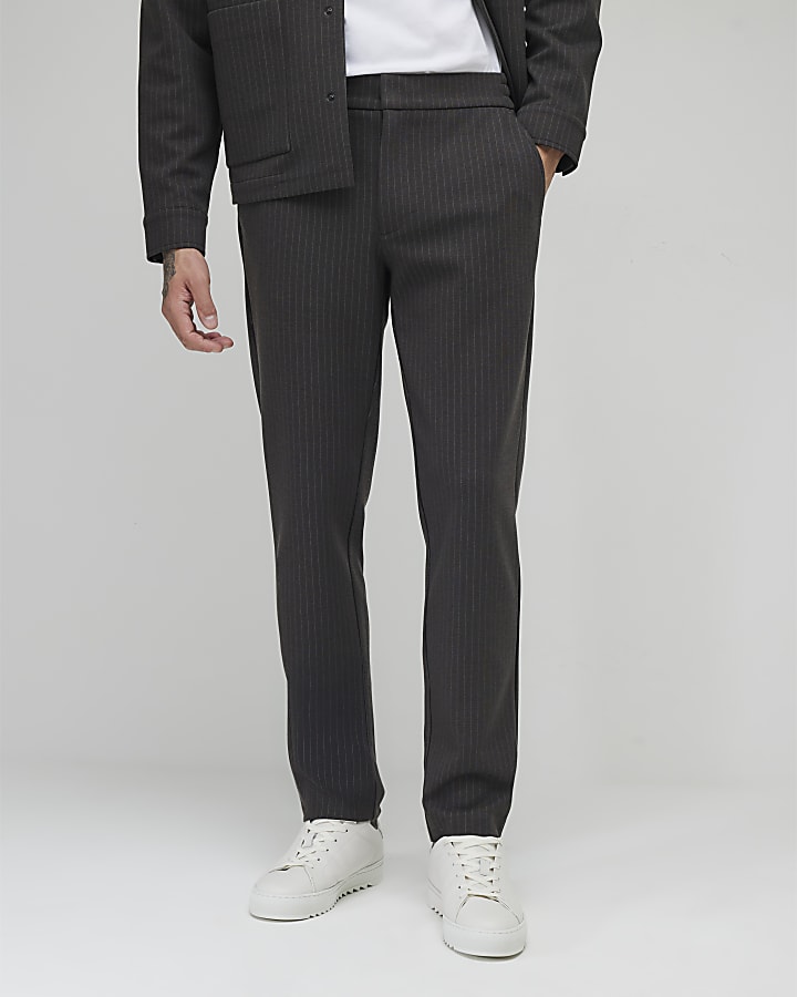 River Island Grey Slim Fit Striped Smart Trousers