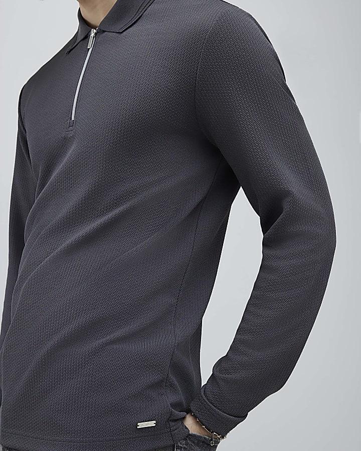 River Island Grey Slim Fit Textured Polo Shirt