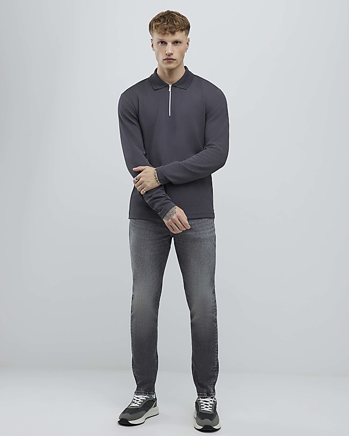 River Island Grey Slim Fit Textured Polo Shirt