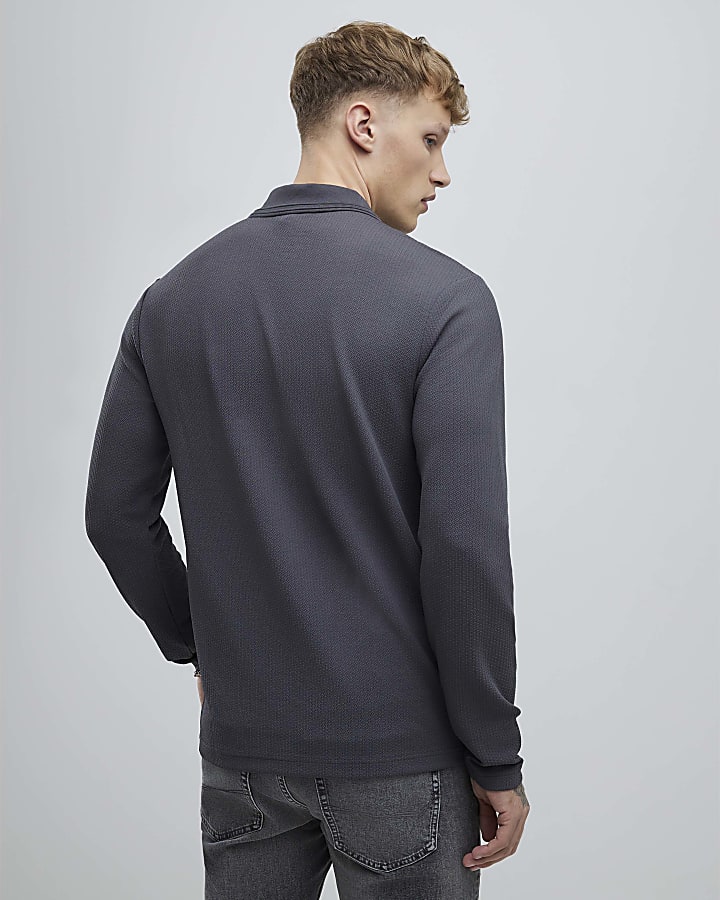River Island Grey Slim Fit Textured Polo Shirt