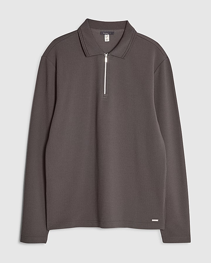 river island Grey Slim Fit Textured Polo Shirt