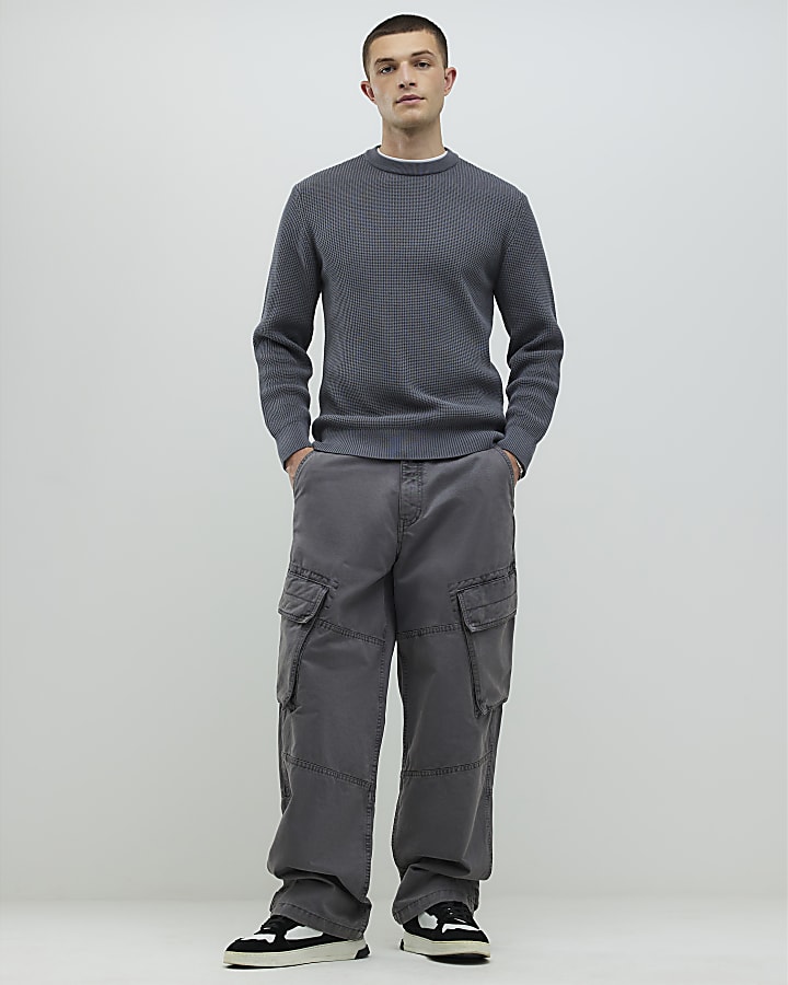 River Island Grey Slim Fit Waffle Knit Jumper