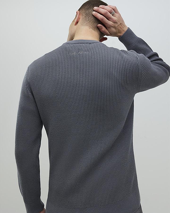 River Island Grey Slim Fit Waffle Knit Jumper