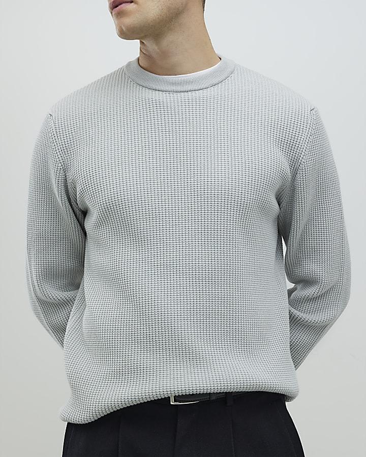 River Island Grey Slim Fit Waffle Knit Jumper