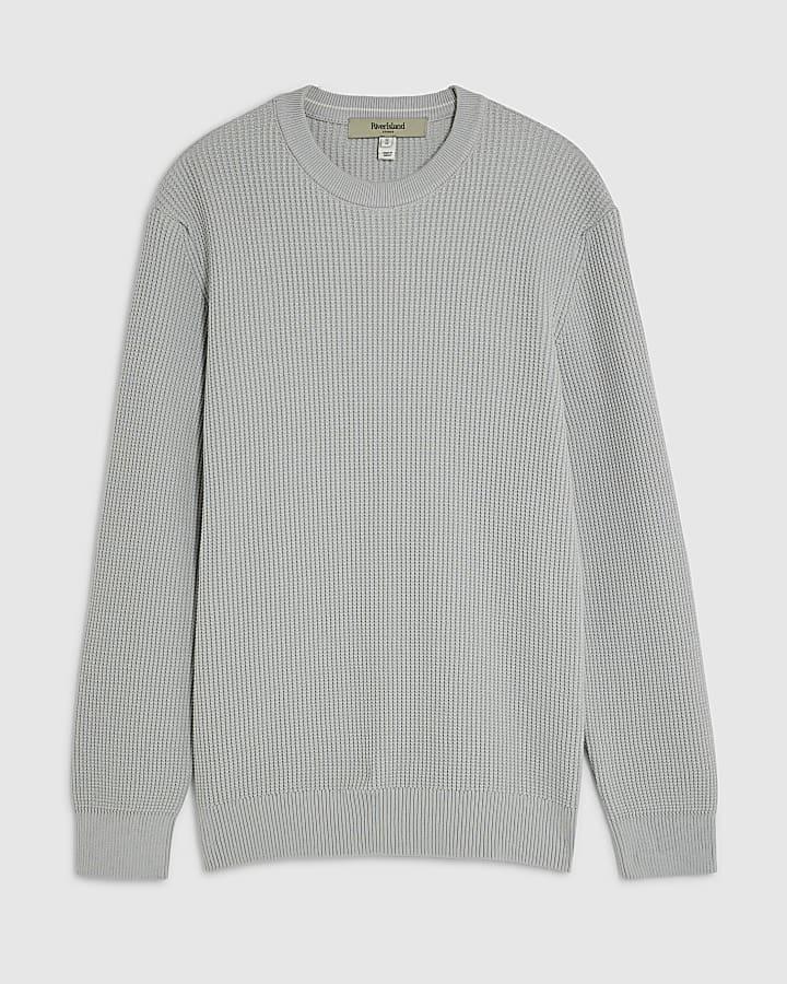 river island Grey Slim Fit Waffle Knit Jumper