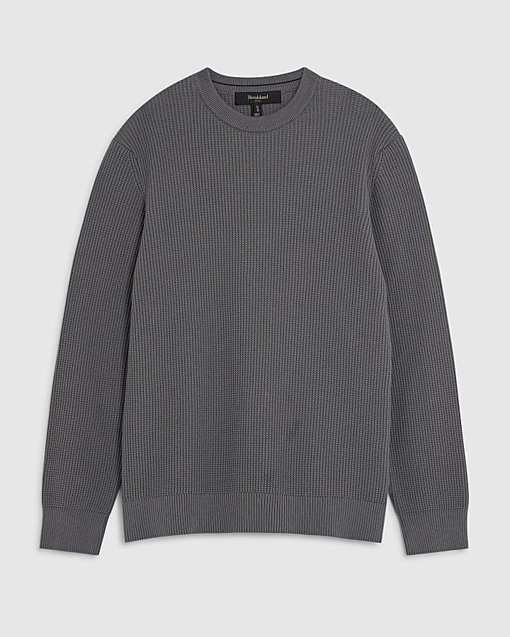 river island Grey Slim Fit Waffle Knit Jumper
