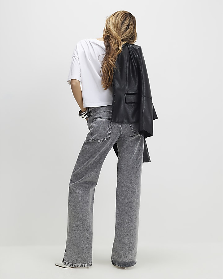 River Island Grey Split Hem Straight Leg Jeans