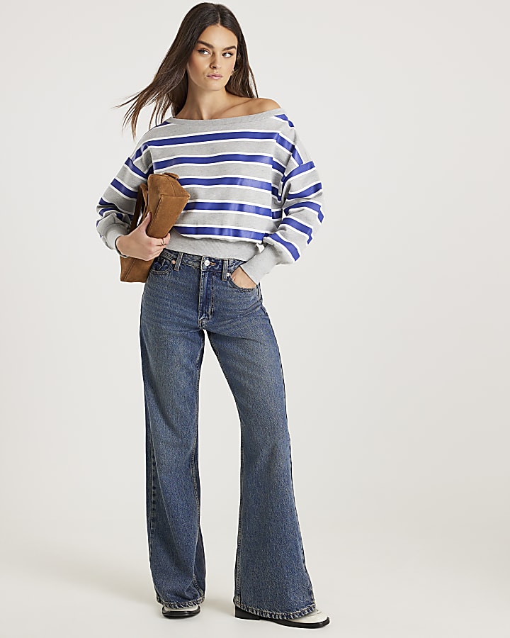 River Island Grey Striped Off Shoulder Sweatshirt