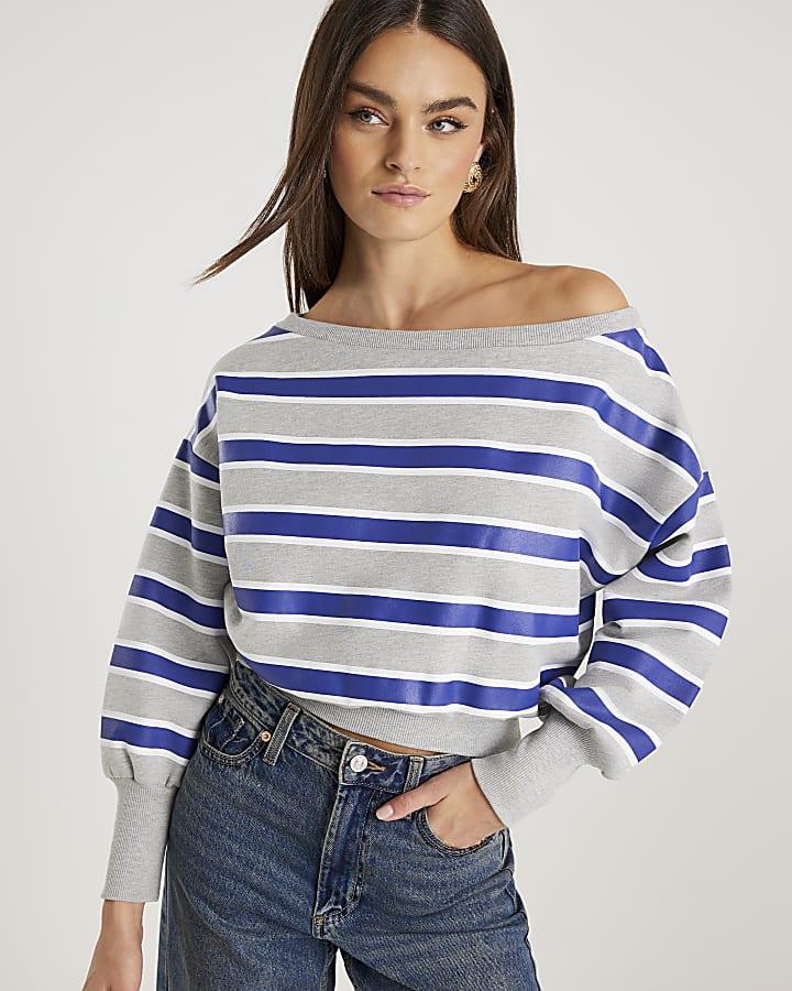 River Island Grey Striped Off Shoulder Sweatshirt