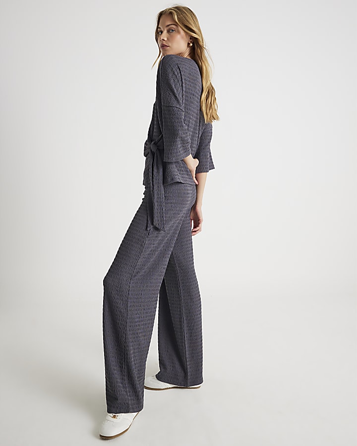 River Island Grey Textured Wide Leg Trousers
