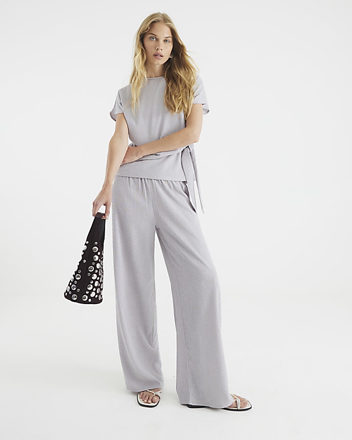 River Island Grey Textured Wide Leg Trousers