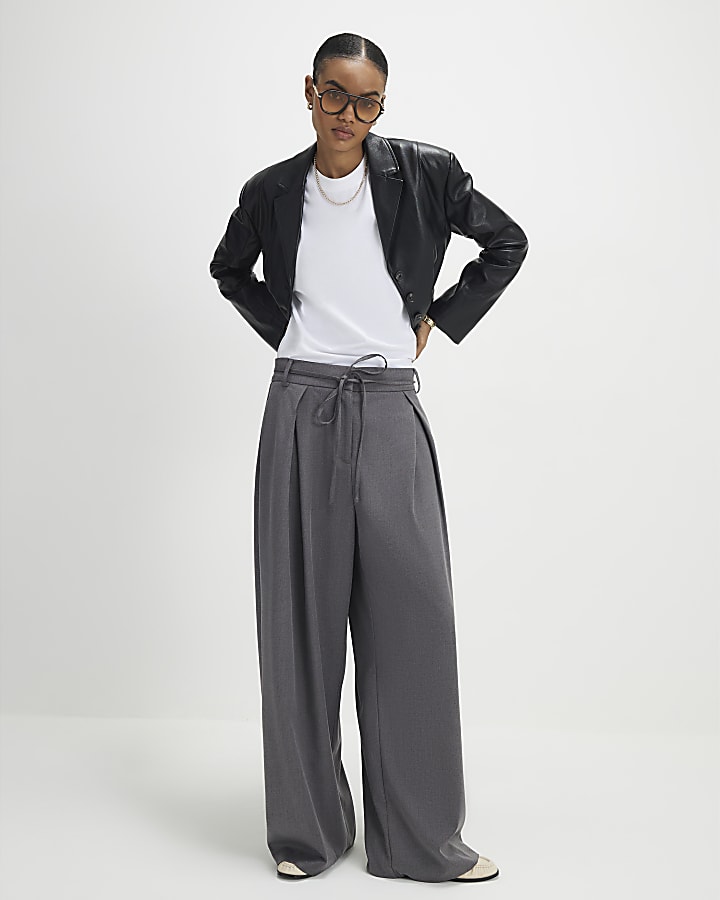 River Island Grey Tie Front High Waisted Trouser