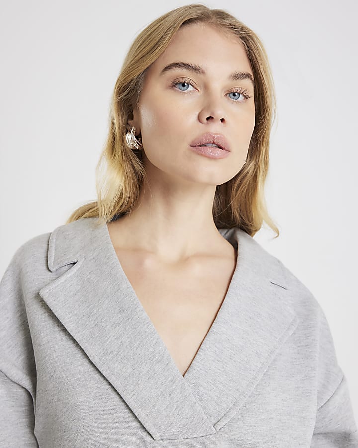 River Island Grey V Neck Collared Sweatshirt